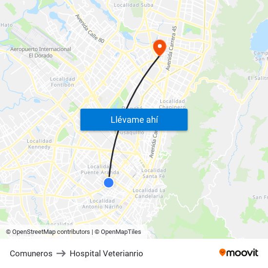 Comuneros to Hospital Veterianrio map