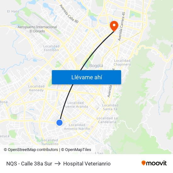 NQS - Calle 38a Sur to Hospital Veterianrio map