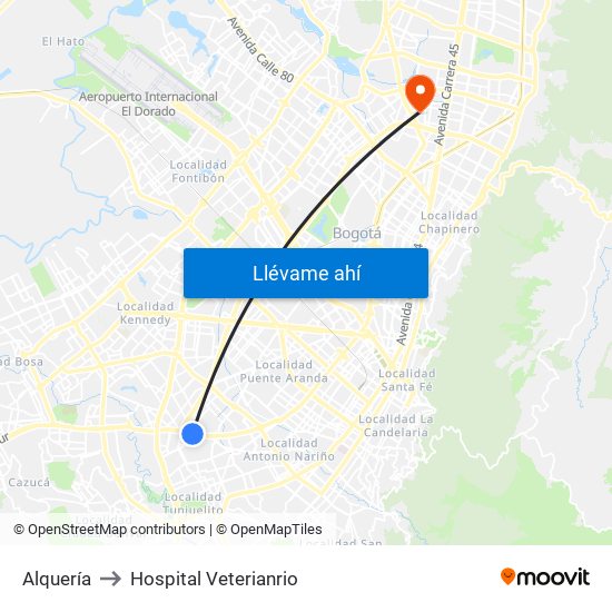 Alquería to Hospital Veterianrio map