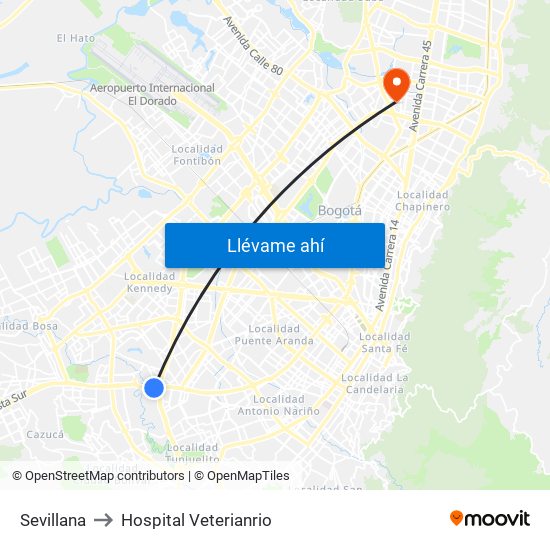 Sevillana to Hospital Veterianrio map