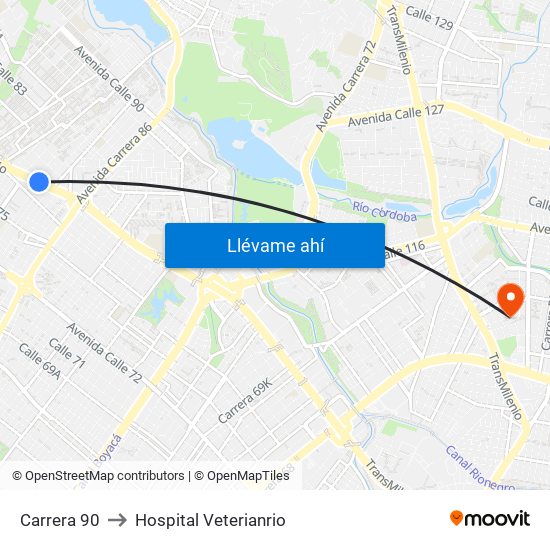 Carrera 90 to Hospital Veterianrio map