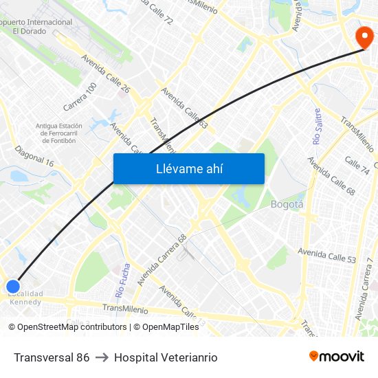 Transversal 86 to Hospital Veterianrio map