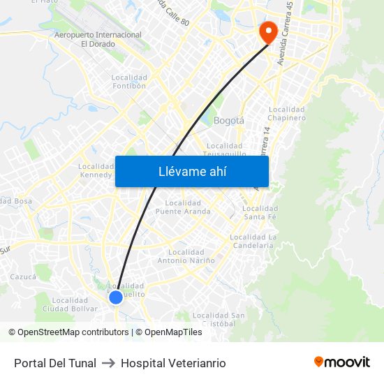 Portal Del Tunal to Hospital Veterianrio map