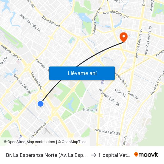 Br. La Esperanza Norte (Av. La Esperanza - Kr 69d) to Hospital Veterianrio map