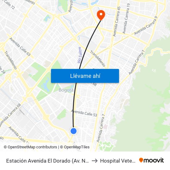 Estación Avenida El Dorado (Av. NQS - Cl 40a) to Hospital Veterianrio map