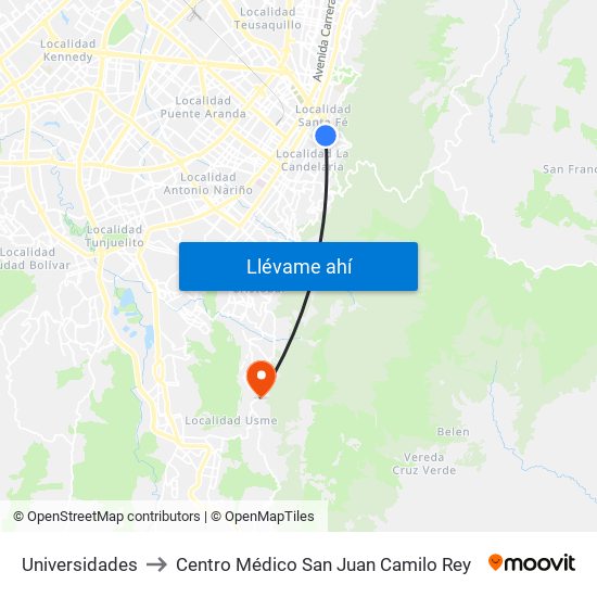 Universidades to Centro Médico San Juan Camilo Rey map