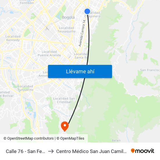 Calle 76 - San Felipe to Centro Médico San Juan Camilo Rey map