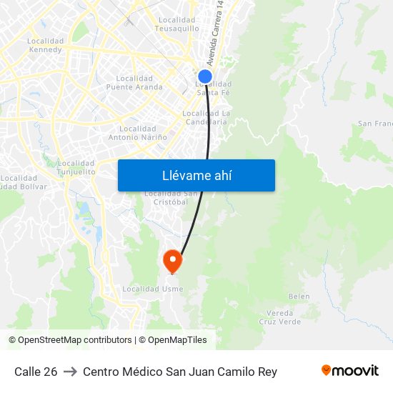 Calle 26 to Centro Médico San Juan Camilo Rey map