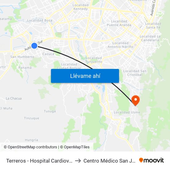 Terreros - Hospital Cardiovascular (Lado Sur) to Centro Médico San Juan Camilo Rey map