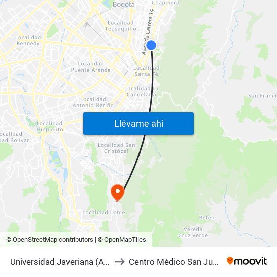 Universidad Javeriana (Ak 7 - Cl 40) (B) to Centro Médico San Juan Camilo Rey map