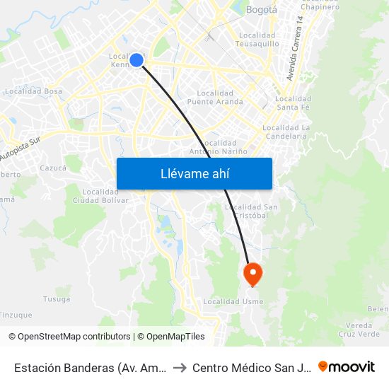 Estación Banderas (Av. Américas - Kr 78a) (A) to Centro Médico San Juan Camilo Rey map