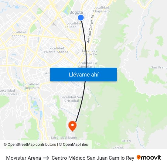 Movistar Arena to Centro Médico San Juan Camilo Rey map