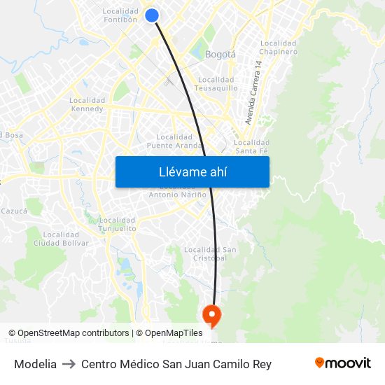 Modelia to Centro Médico San Juan Camilo Rey map