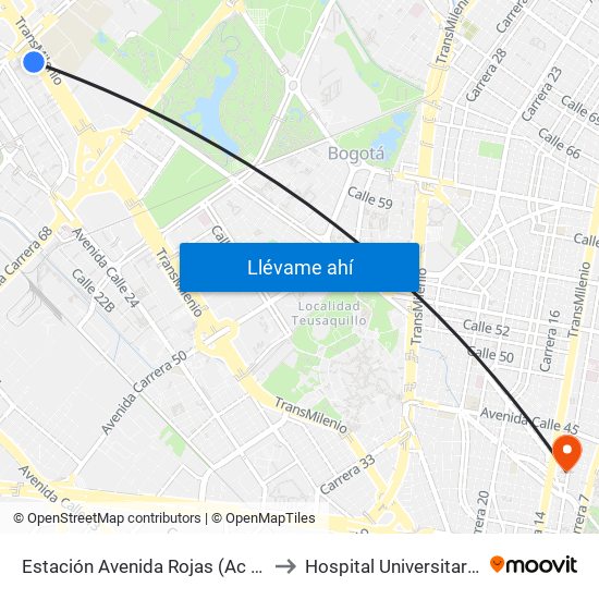 Estación Avenida Rojas (Ac 26 - Kr 69d Bis) (B) to Hospital Universitario San Ignacio map