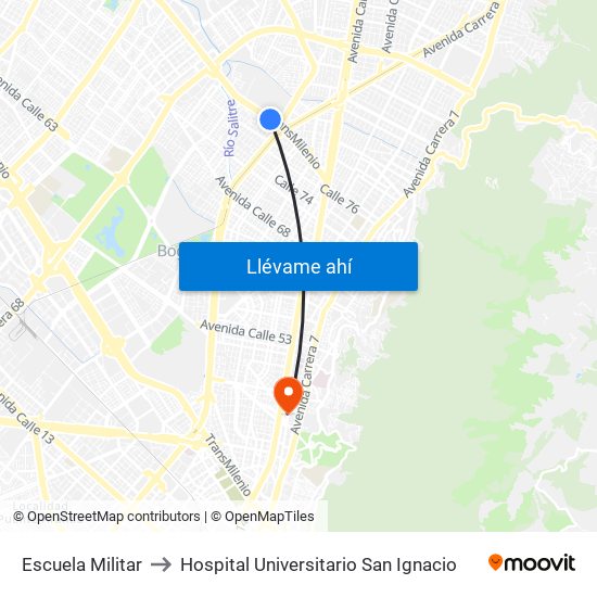 Escuela Militar to Hospital Universitario San Ignacio map