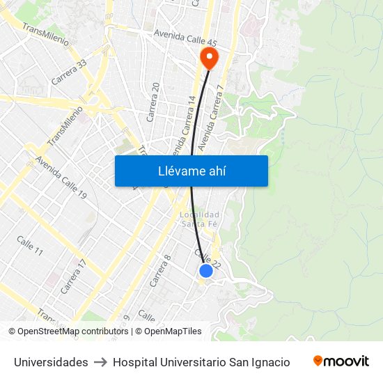 Universidades to Hospital Universitario San Ignacio map