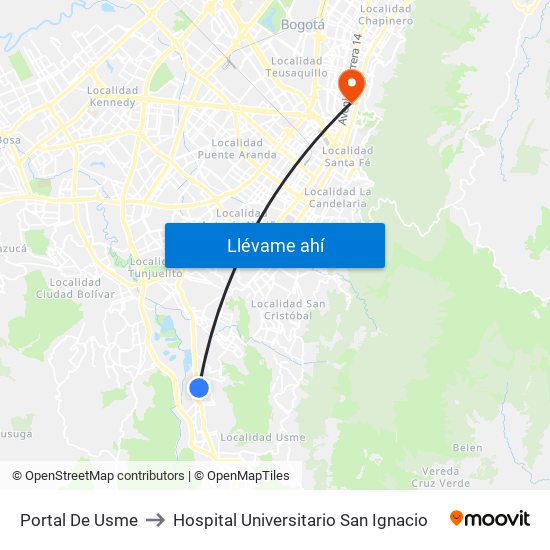 Portal De Usme to Hospital Universitario San Ignacio map