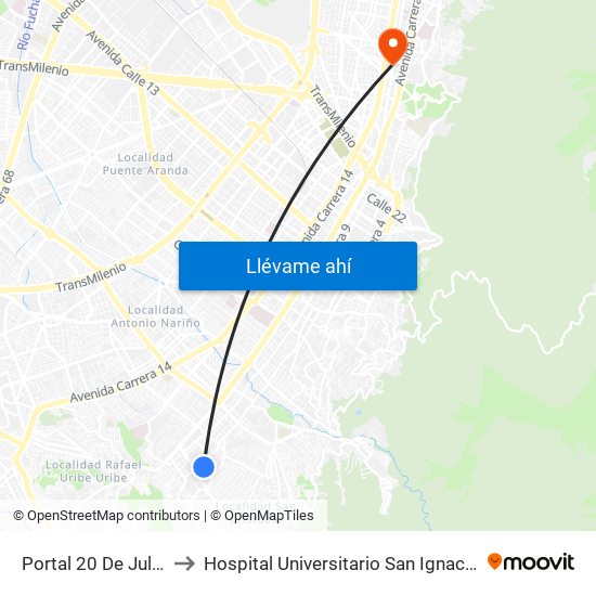 Portal 20 De Julio to Hospital Universitario San Ignacio map