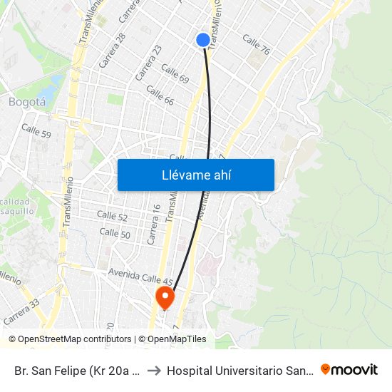 Br. San Felipe (Kr 20a - Cl 74) to Hospital Universitario San Ignacio map