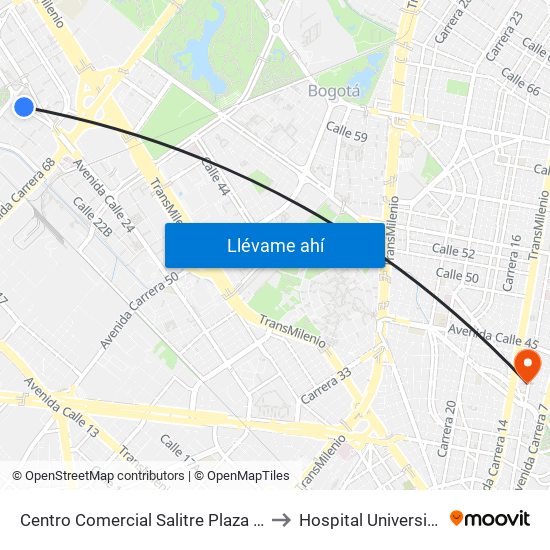 Centro Comercial Salitre Plaza (Av. La Esperanza - Kr 68b) to Hospital Universitario San Ignacio map