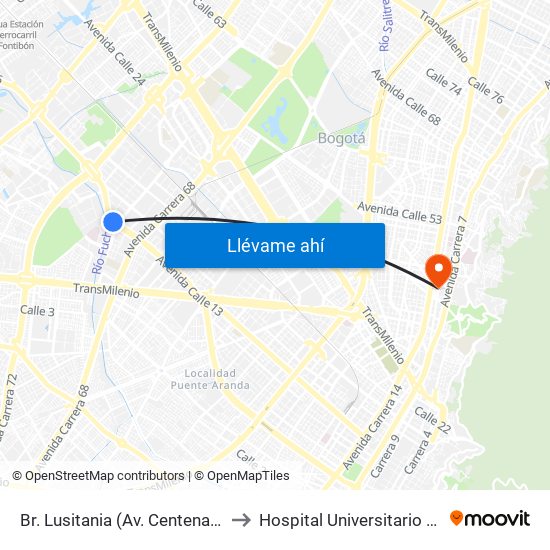 Br. Lusitania (Av. Centenario - Ak 68d) to Hospital Universitario San Ignacio map