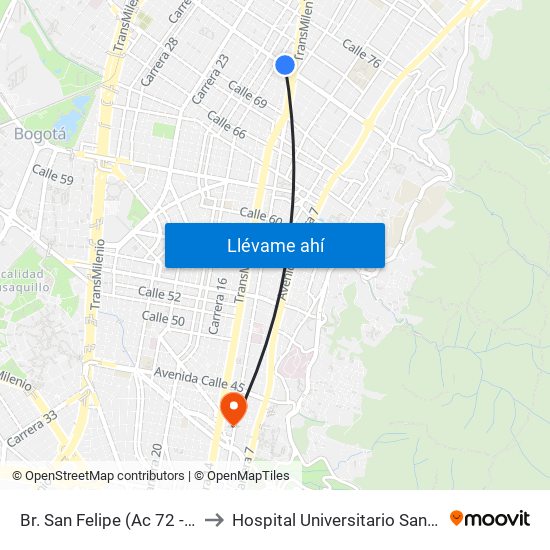 Br. San Felipe (Ac 72 - Kr 17) to Hospital Universitario San Ignacio map