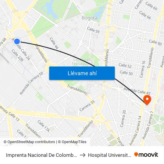 Imprenta Nacional De Colombia (Av. Esperanza - Kr 66) to Hospital Universitario San Ignacio map