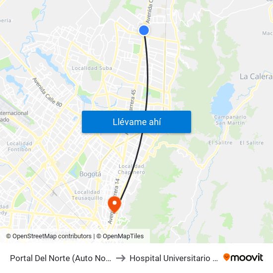 Portal Del Norte (Auto Norte - Cl 174a) to Hospital Universitario San Ignacio map