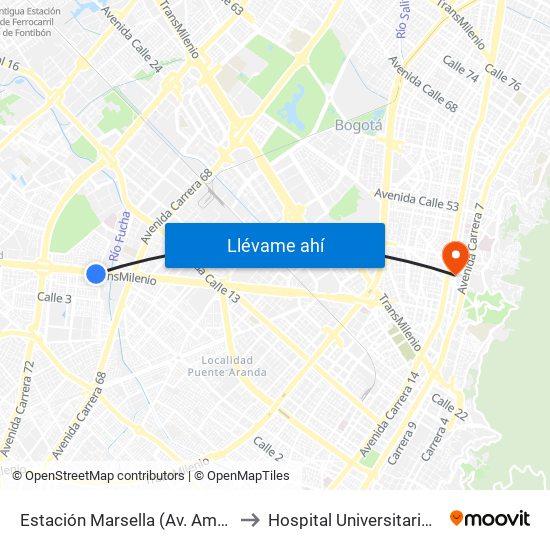 Estación Marsella (Av. Américas - Kr 69b) to Hospital Universitario San Ignacio map