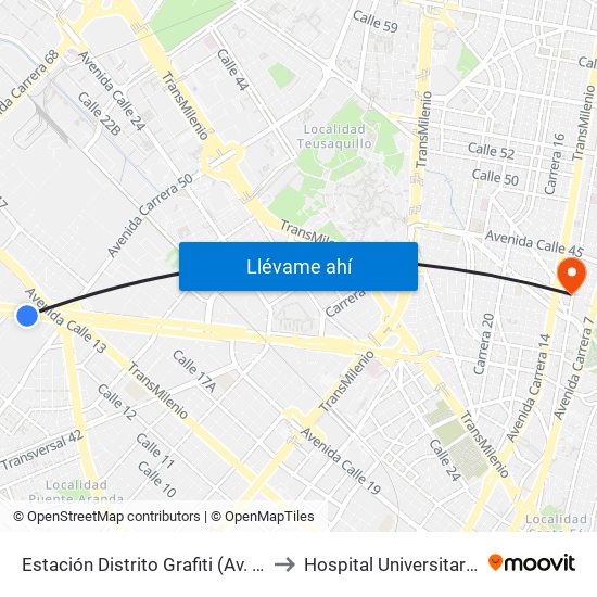 Estación Distrito Grafiti (Av. Américas - Kr 53a) to Hospital Universitario San Ignacio map