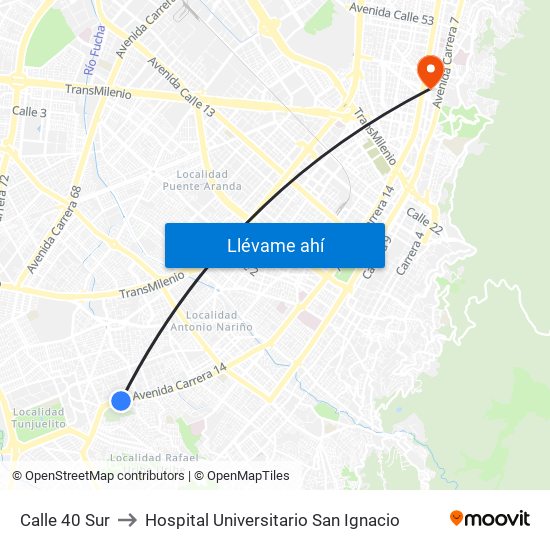 Calle 40 Sur to Hospital Universitario San Ignacio map