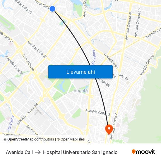 Avenida Cali to Hospital Universitario San Ignacio map