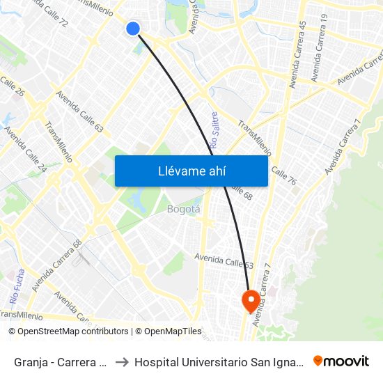 Granja - Carrera 77 to Hospital Universitario San Ignacio map