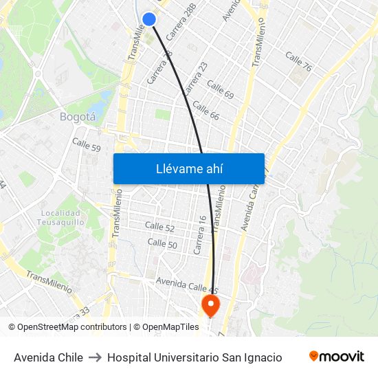 Avenida Chile to Hospital Universitario San Ignacio map