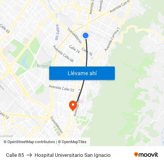 Calle 85 to Hospital Universitario San Ignacio map