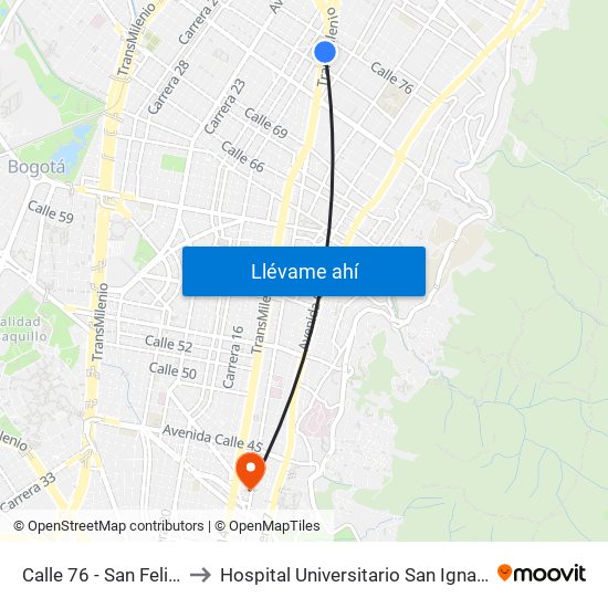 Calle 76 - San Felipe to Hospital Universitario San Ignacio map