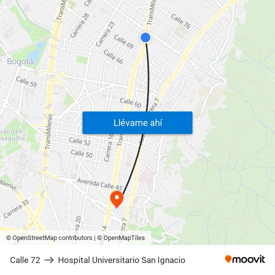 Calle 72 to Hospital Universitario San Ignacio map