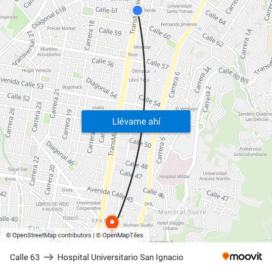 Calle 63 to Hospital Universitario San Ignacio map