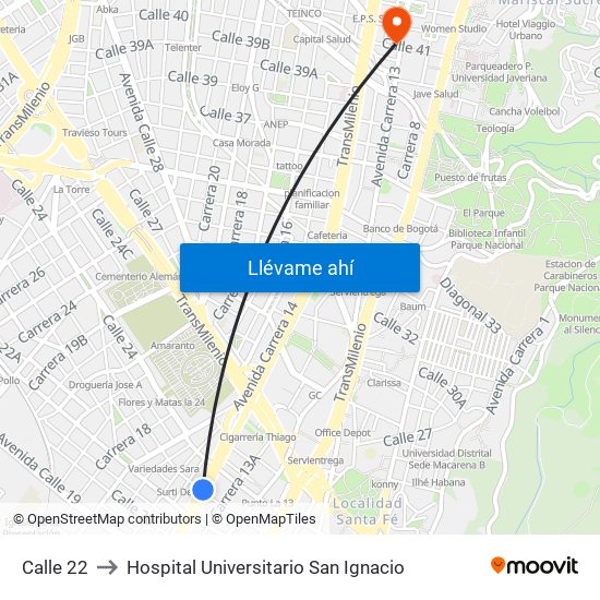 Calle 22 to Hospital Universitario San Ignacio map