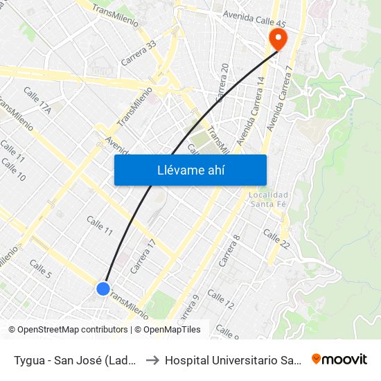 Tygua - San José (Lado Norte) to Hospital Universitario San Ignacio map