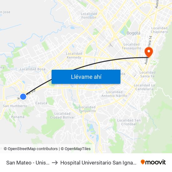 San Mateo - Unisur to Hospital Universitario San Ignacio map