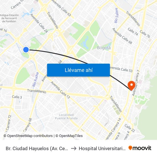 Br. Ciudad Hayuelos (Av. Centenario - Kr 78g) to Hospital Universitario San Ignacio map