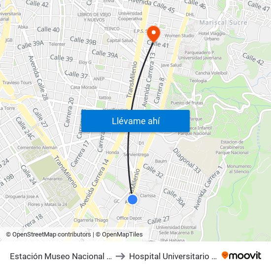 Estación Museo Nacional (Ak 7 - Cl 29) to Hospital Universitario San Ignacio map