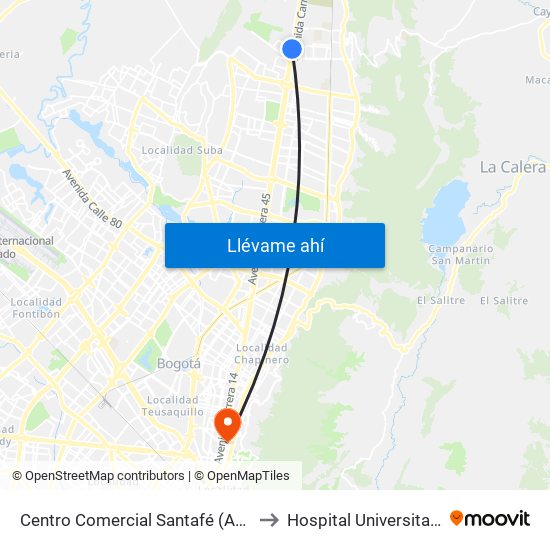 Centro Comercial Santafé (Auto Norte - Cl 187) (B) to Hospital Universitario San Ignacio map