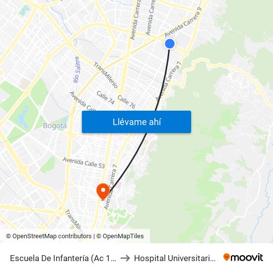 Escuela De Infantería (Ac 100 - Kr 11a) (B) to Hospital Universitario San Ignacio map