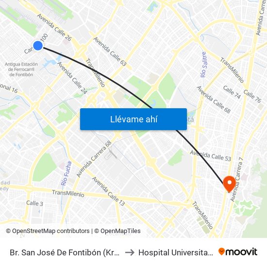 Br. San José De Fontibón (Kr 100 - Av. Esperanza) to Hospital Universitario San Ignacio map