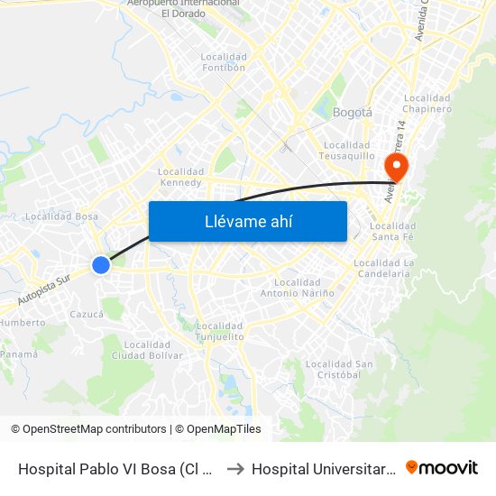 Hospital Pablo VI Bosa (Cl 63 Sur - Kr 77g) (A) to Hospital Universitario San Ignacio map