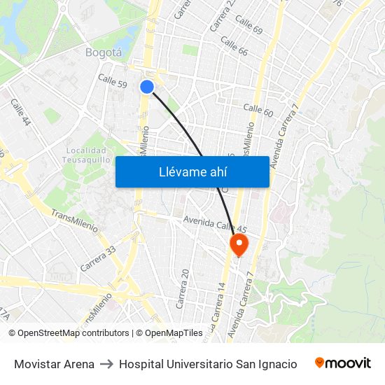 Movistar Arena to Hospital Universitario San Ignacio map