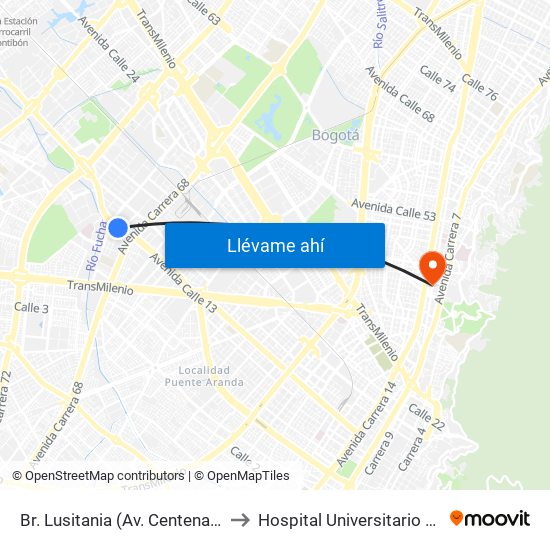 Br. Lusitania (Av. Centenario - Kr 68b) to Hospital Universitario San Ignacio map