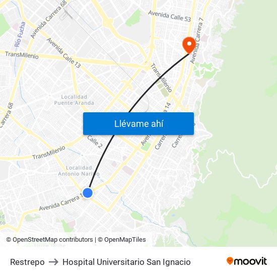 Restrepo to Hospital Universitario San Ignacio map